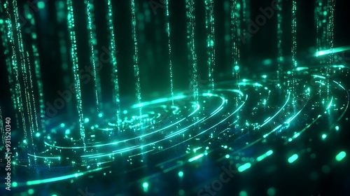 Wallpaper Mural Futuristic digital matrix background with green glowing data streams and swirling particles, representing a high-tech and cyber environment. Torontodigital.ca