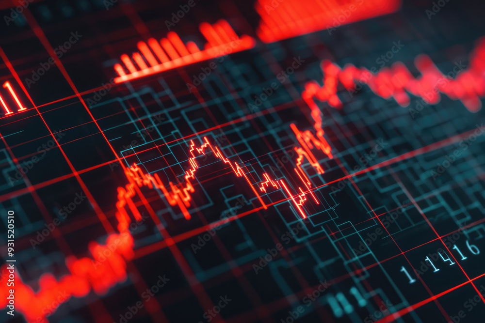Digital stock market graph, displaying fluctuating red lines over a dark background, representing market volatility and data analytics in finance. Digital stock market graph, displaying fluctuating red lines over a dark background, representing market volatility and data analytics in finance.