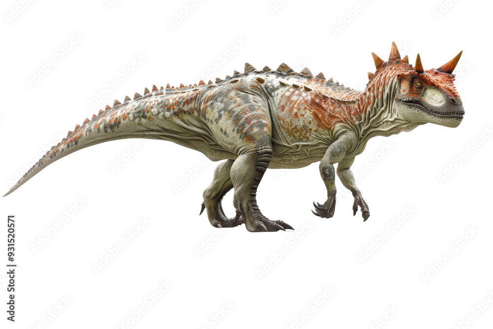 Detailed illustration of Carnotaurus, isolated on a white background, highlighting its unique features like the horns and bumpy skin texture Detailed illustration of Carnotaurus, isolated on a white background, highlighting its unique features like the horns and bumpy skin texture