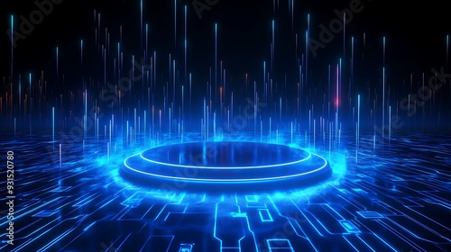 Futuristic digital matrix with glowing blue portal and abstract technology background. Sci-fi virtual reality concept.