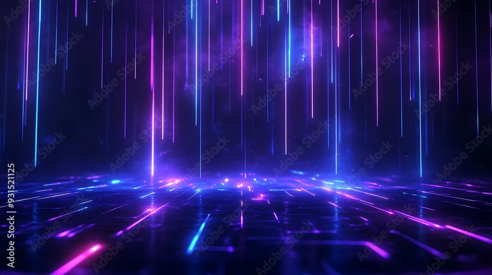 Futuristic digital neon background with glowing lines and lights, perfect for technology, sci-fi, or virtual reality themes.