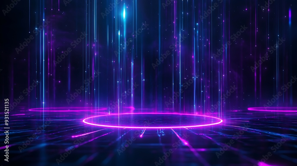 Futuristic digital neon background with glowing rings and vertical light beams in a dark, technological, virtual environment. Futuristic digital neon background with glowing rings and vertical light beams in a dark, technological, virtual environment.