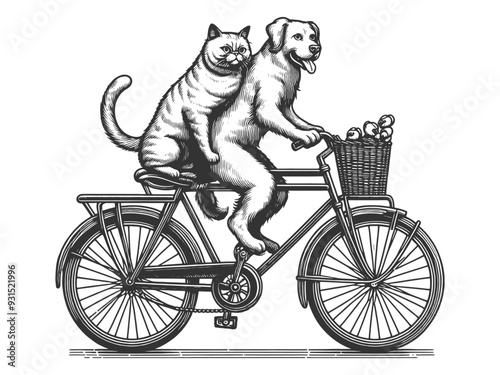 dog and cat riding a bicycle together, capturing a whimsical and playful scene with vintage flair sketch engraving generative ai vector illustration. Scratch board imitation. Black and white image.
