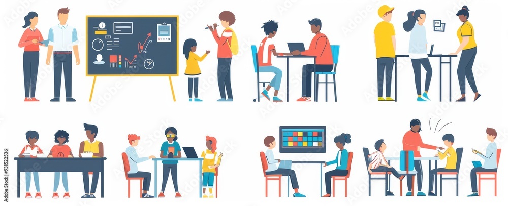 A set of school teachers standing at chalkboards and whiteboards in a classroom. Lecturers teaching in class. Professors at chalkboards. Colored flat modern illustration isolated on white.