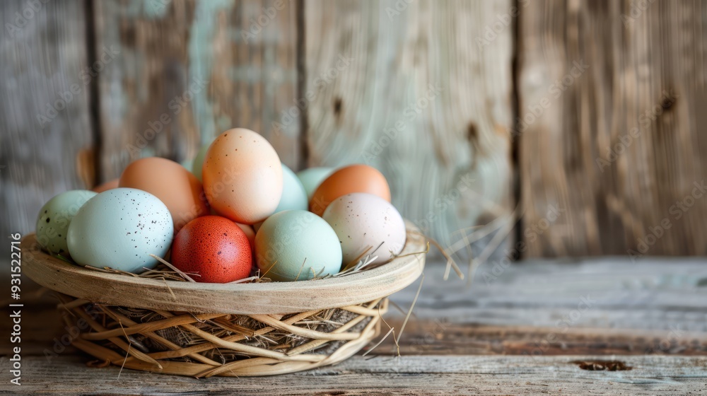 Easter Eggs in a Basket on Rustic Wooden Background Easter Eggs in a Basket on Rustic Wooden Background