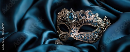 Show a delicate Venetian mask with intricate lace details and crystal embellishments on a dark blue satin background