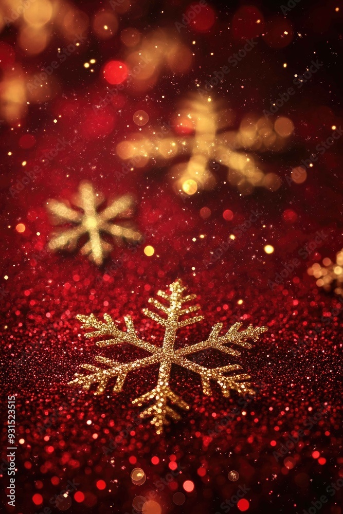 Glittering Golden Snowflakes on Rich Red Background with Bokeh Effect Glittering Golden Snowflakes on Rich Red Background with Bokeh Effect