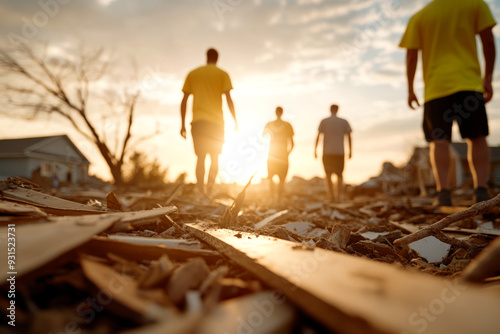 People Walking Through Tornado Debris at Sunset