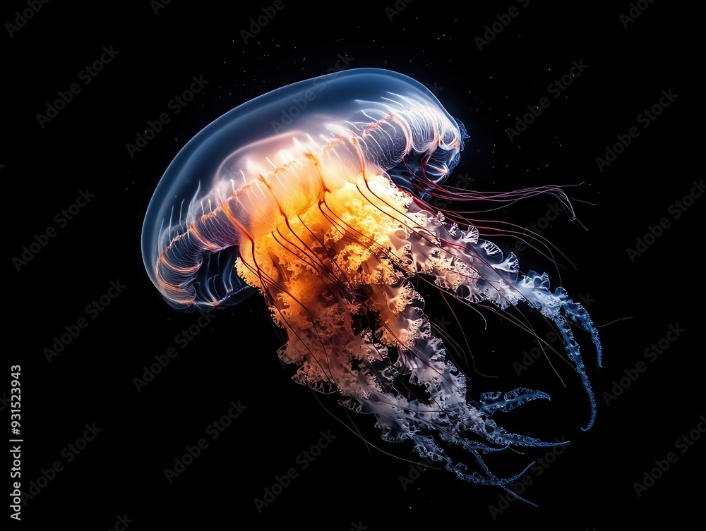 Sketch a delicate jellyfish with a crown of light, its tentacles casting a soft glow, suspended in a black void Sketch a delicate jellyfish with a crown of light, its tentacles casting a soft glow, suspended in a black void