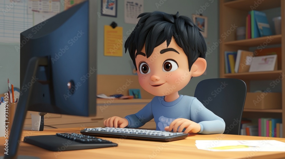 3D Cartoon of an Asian Elementary Student Typing on a Desktop Computer 3D Cartoon of an Asian Elementary Student Typing on a Desktop Computer