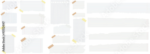 Ripped paper notes notebook pages. Torn paper sheets with transparent adhesive tape on transparent background. Sticky notes, shreds of notebook pages. Vector EPS 10