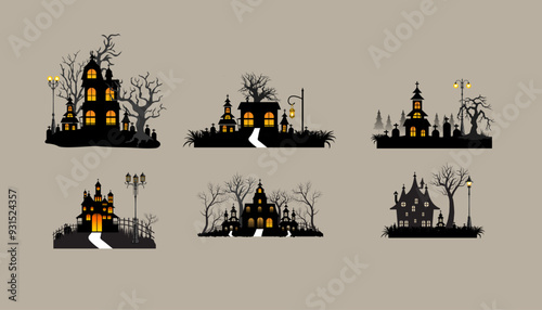 Halloween Spooky House set silhouette.