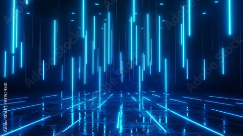 Futuristic neon blue lights create a glowing sci-fi environment with reflective surfaces and vertical light beams.