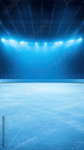 Empty ice hockey rink with bright lights illuminating the ice surface and stands. photo