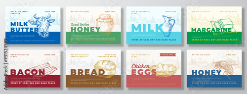 Breakfast Food Label Templates Set. Abstract Vector Packaging Design Layouts Collection. Modern Typography Banner with Hand Drawn Cow Milk, Honey, Eggs, Bacon and Rural Landscape Background Isolated