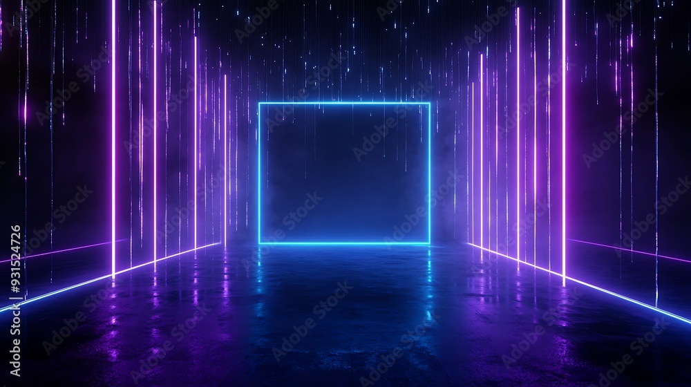 Futuristic neon corridor with glowing lights in vibrant purple and blue tones, creating an immersive sci-fi atmosphere. Futuristic neon corridor with glowing lights in vibrant purple and blue tones, creating an immersive sci-fi atmosphere.