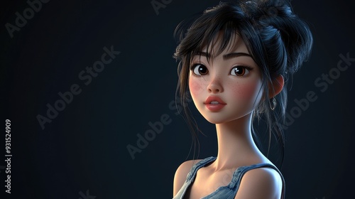 3D cartoon of a young beautiful character with Asian features posing against a dark backdrop
