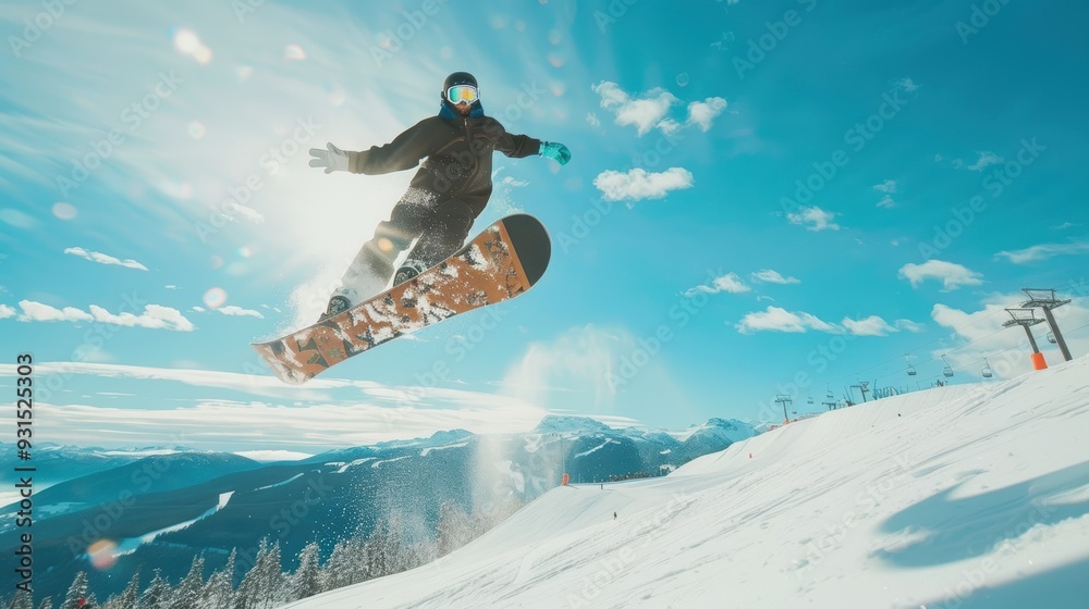 Snowboarder in sportswear performing dynamic jump, kicking up spray of snow against backdrop of clear blue skies and snowy mountain peaks, with sunlight bursting through. Snowboarder in sportswear performing dynamic jump, kicking up spray of snow against backdrop of clear blue skies and snowy mountain peaks, with sunlight bursting through.
