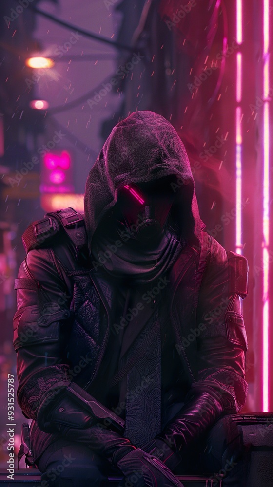 Cyberpunk City: Hooded Figure in Neon Rain Cyberpunk City: Hooded Figure in Neon Rain