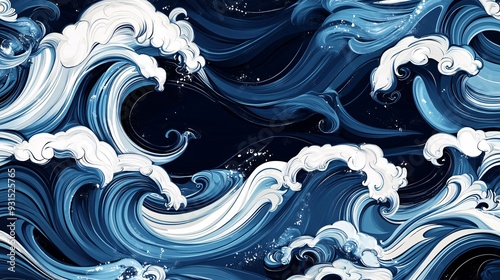 Repeating ocean wave design with smooth undulating lines and rich blues