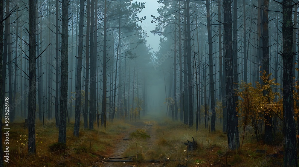 Obraz premium Misty forest with tall straight trees creating a mysterious and serene atmosphere : Generative AI