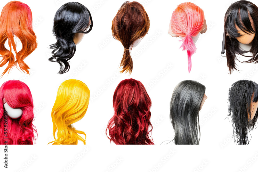 Diverse collection of stylish wigs with trendy designs, each isolated on a white background, offering a glimpse into modern hair fashion Diverse collection of stylish wigs with trendy designs, each isolated on a white background, offering a glimpse into modern hair fashion