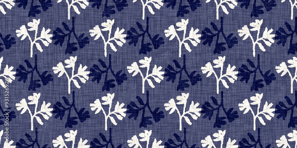 Indigo denim blue leaf motif seamless border. Japanese dye batik fabric style effect print edging swatch. Indigo denim blue leaf motif seamless border. Japanese dye batik fabric style effect print edging swatch.