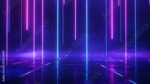 Futuristic neon light beams in dark room, creating a vibrant and glowing atmosphere with purple and blue hues.