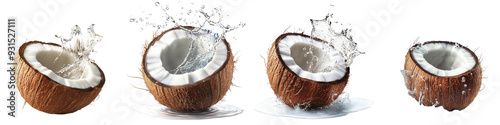 Creative image of split coconuts with coconut water splashing, ideal for food and beverage designs. isolated on a transparent background