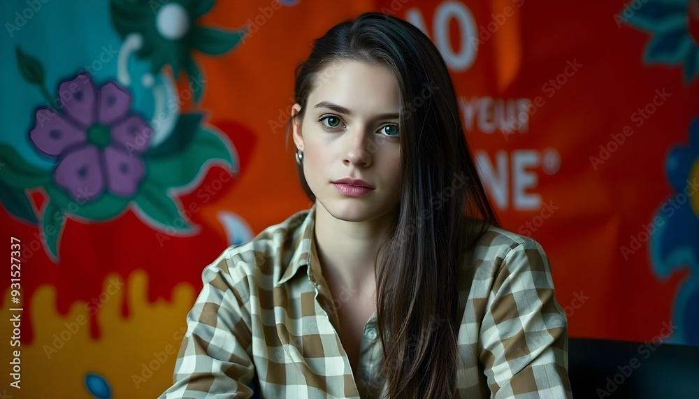Candid image, photography, natural textures, highly realistic light, editorial, A young Caucasian woman with long dark hair wearing a button-up shirt, sitting against a vibrant background Candid image, photography, natural textures, highly realistic light, editorial, A young Caucasian woman with long dark hair wearing a button-up shirt, sitting against a vibrant background