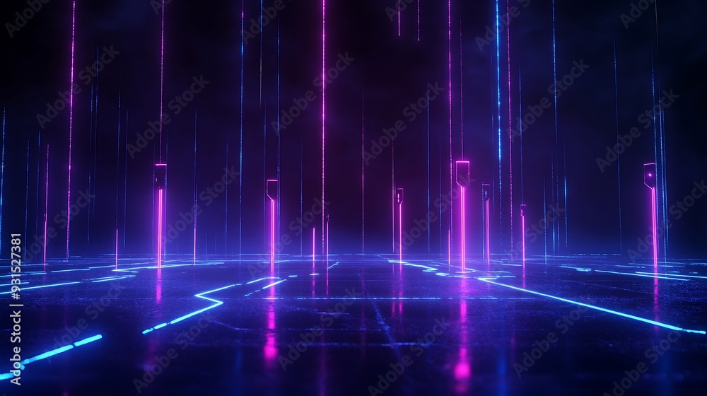 Futuristic neon light grid with pink and blue glowing lines in a dark virtual landscape, evoking a high-tech, sci-fi digital environment. Futuristic neon light grid with pink and blue glowing lines in a dark virtual landscape, evoking a high-tech, sci-fi digital environment.