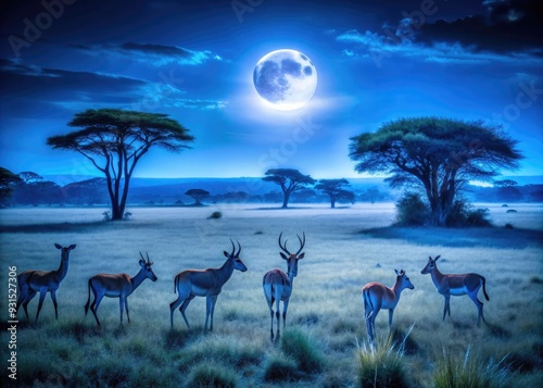 ethereal moonlit scene with nocturnal creatures roaming freely eye level shot cool blues and purples highlighting nairobi national park's nighttime magic