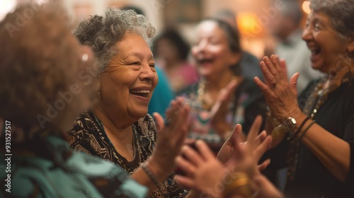A spontaneous dance circle at a senior center, with participants clapping, singing, and moving to the rhythm, their faces glowing with excitement.
