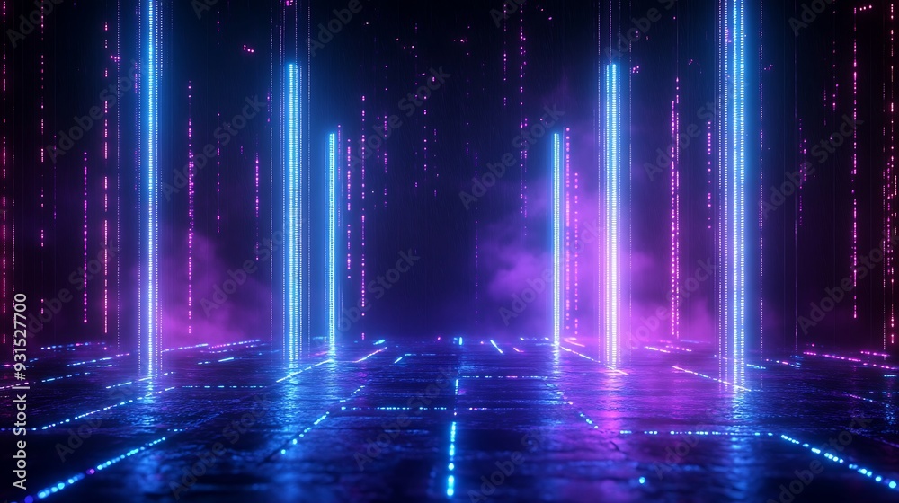 Futuristic neon light pillars in a dark, misty environment with a reflective floor and digital grid pattern. Perfect for cyberpunk themes. Futuristic neon light pillars in a dark, misty environment with a reflective floor and digital grid pattern. Perfect for cyberpunk themes.
