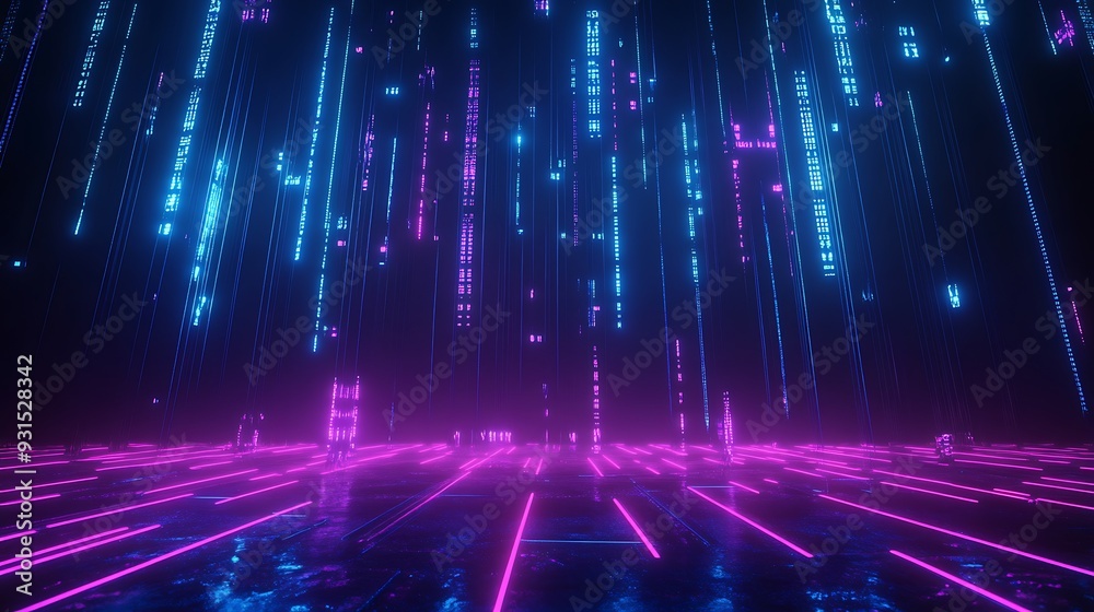 Futuristic neon lights and digital landscape with glowing lines and data streams, representing technology and cyberspace. Futuristic neon lights and digital landscape with glowing lines and data streams, representing technology and cyberspace.