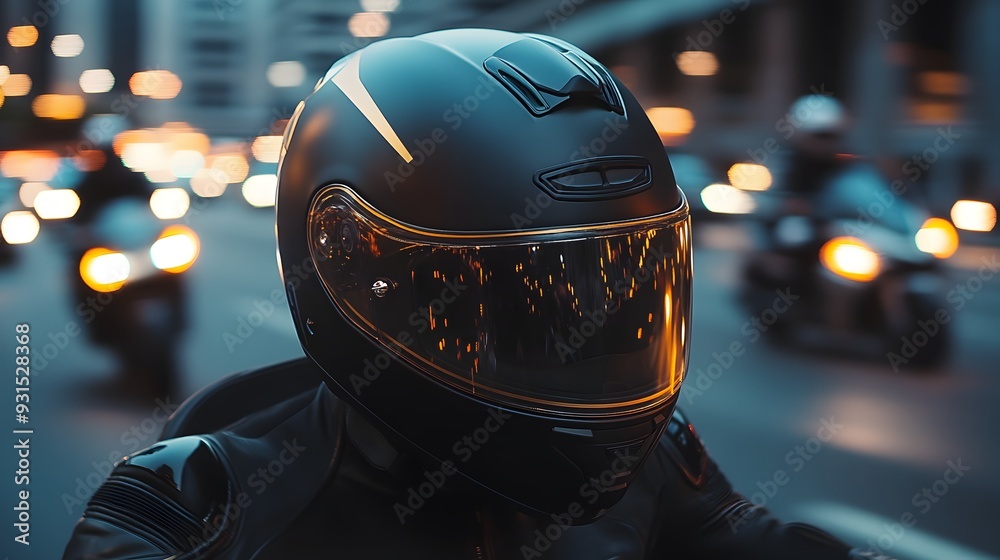 Helmet with matte black and gold design, stealthy appearance, sharp focus on helmet, blurred background of motorbikes in action, low evening light, bold and dramatic mood Helmet with matte black and gold design, stealthy appearance, sharp focus on helmet, blurred background of motorbikes in action, low evening light, bold and dramatic mood
