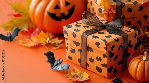 alloween gift boxes with pumpkins, bats, and autumn leaves on an orange background, symbolizing festivity, celebration, autumn, photo