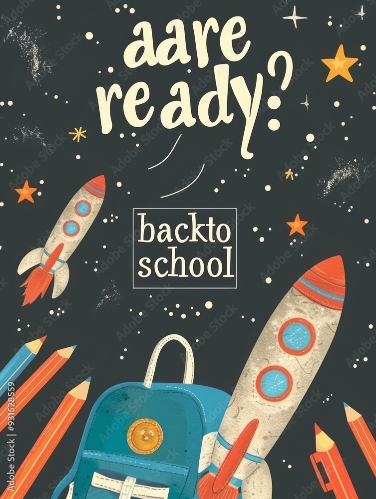 Naklejka premium School backpack on rocket. Education sketch on school chalkboard. Back to school creative concept background.
