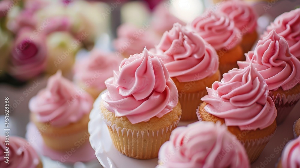 A close-up of pink frosted cupcakes arranged on a dessert table, ready for a celebration A close-up of pink frosted cupcakes arranged on a dessert table, ready for a celebration