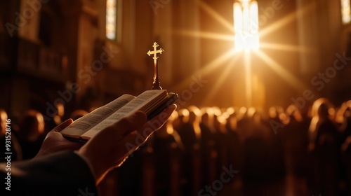 Visualize a Protestant church service with a choir singing traditional hymns in a historic church photo