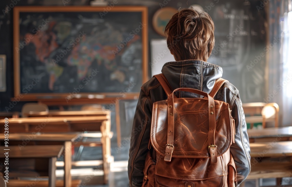 Standing in a classroom, a boy with a schoolbag is viewed from the rear