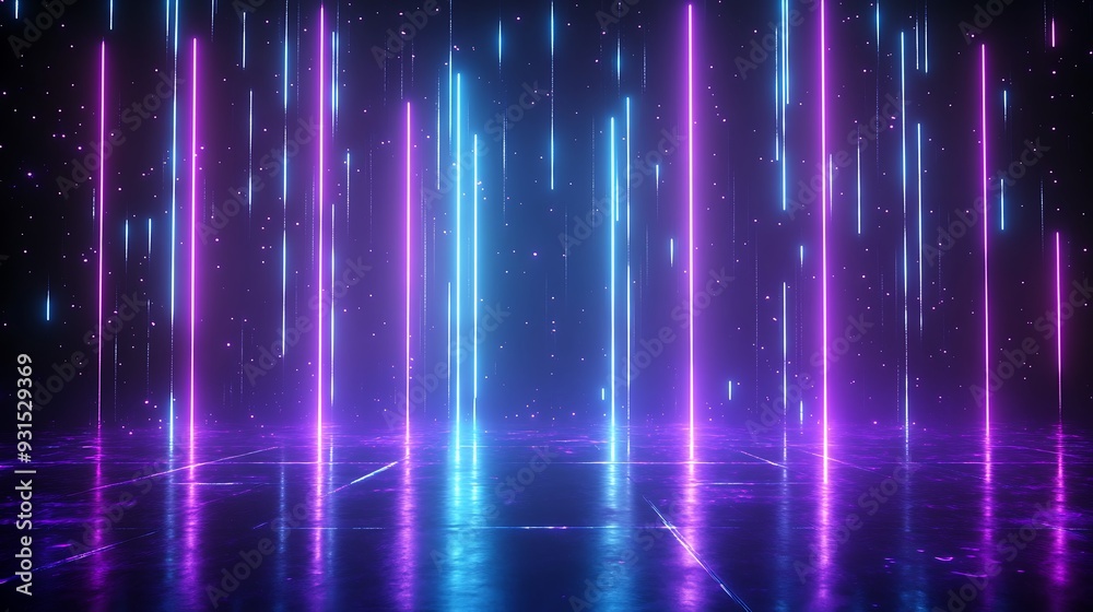 Futuristic neon lights background with glowing pink and blue lines in a dark space, creating a vibrant and dynamic visual effect.