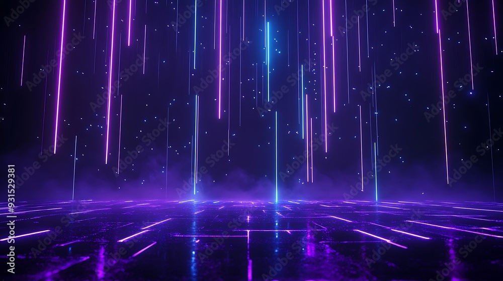 Futuristic neon lights background with glowing lines in blue and purple reflections on a dark surface resembling a digital matrix.