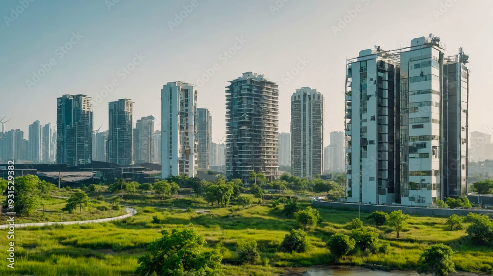 Fototapeta premium Modern city skyline with tall skyscrapers and wind turbines surrounded by lush greenery and open fields, representing urban sustainability and clean energy