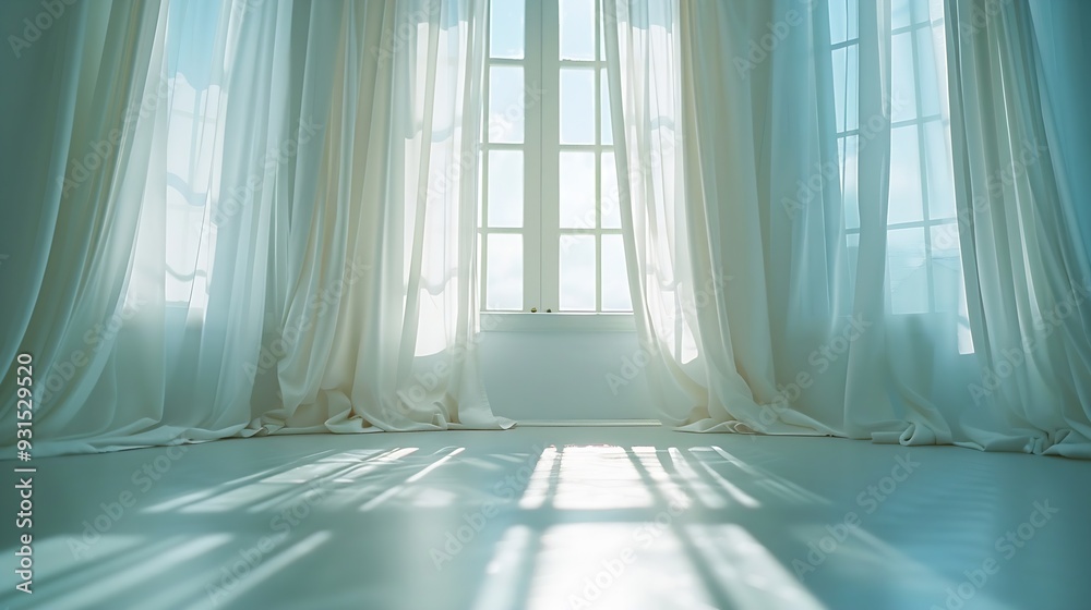 Obraz premium Backlit window with white curtains in empty room : Generative AI