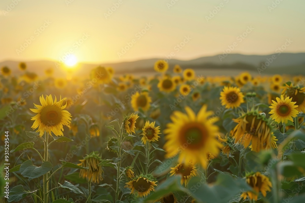Fototapeta premium A sunflower field at dawn, with the first light of the day casting a golden glow over the flowers.