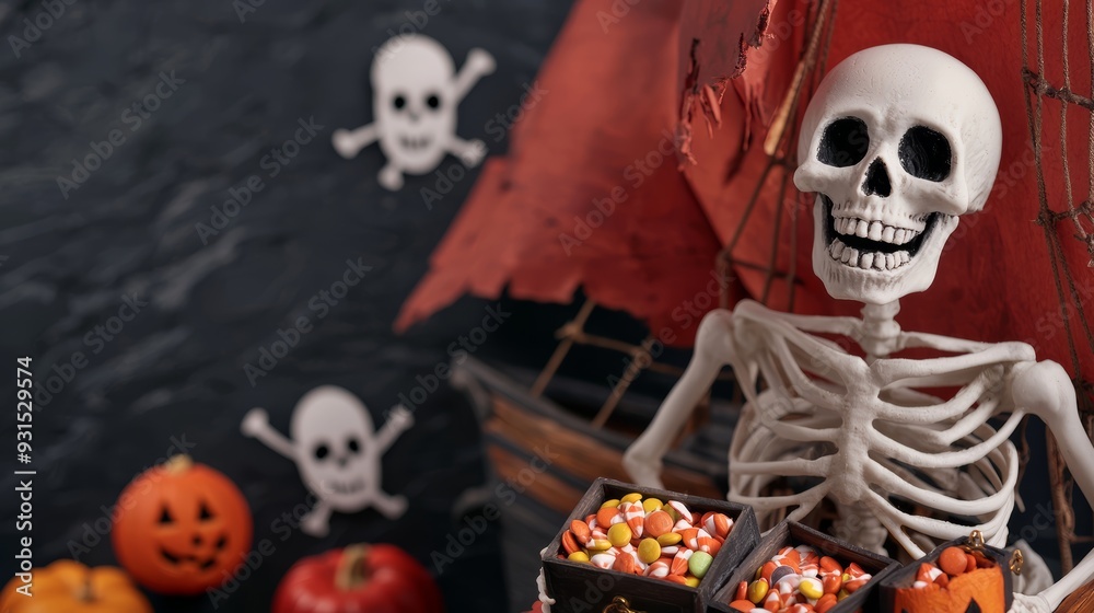 A ghostly pirate ship theme, with tattered sails and skeleton crew members, offering treasure chests filled with trick-or-treat candy