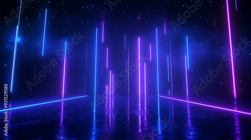 Futuristic neon lights background with glowing purple and blue lines creating a sci-fi atmosphere on a reflective surface.