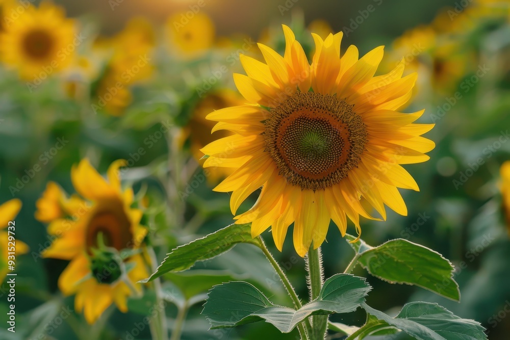 A sunflower field at dawn, with the first light of the day casting a golden glow over the flowers. A sunflower field at dawn, with the first light of the day casting a golden glow over the flowers.