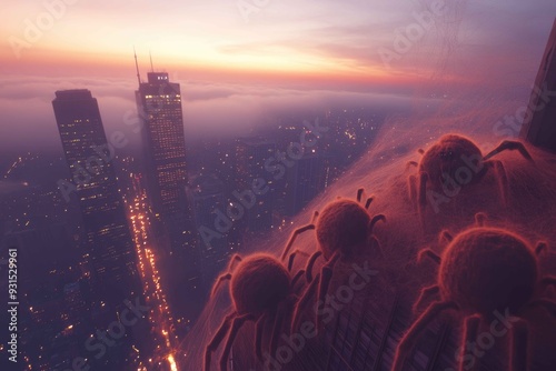 Wallpaper Mural Urban Arachnophobia: City Skyline at Night with Skyscrapers Covered in Cobwebs and Giant Spiders Crawling Amid Buildings Torontodigital.ca